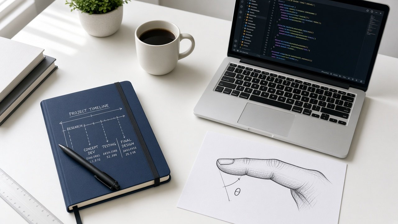 A student desk with a project notebook, a laptop, and a finger-profile sketch.