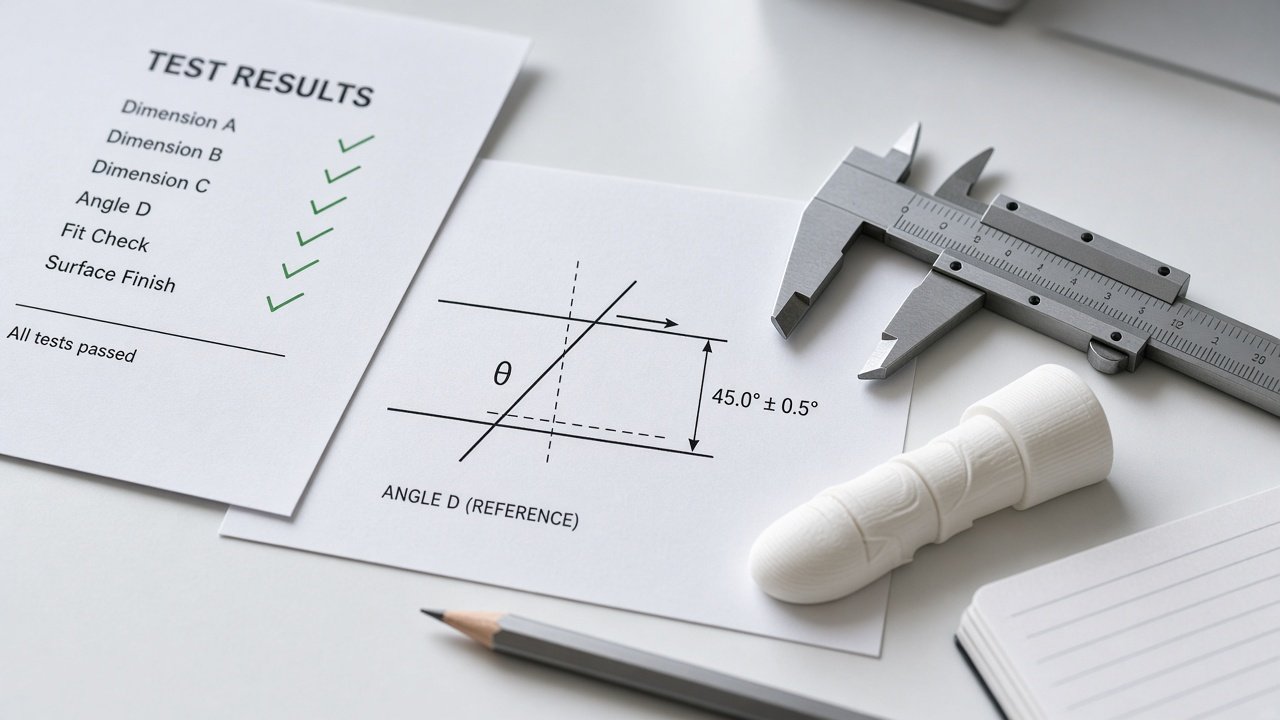 Printed engineering checks, a geometry diagram, and a caliper on a lab table.
